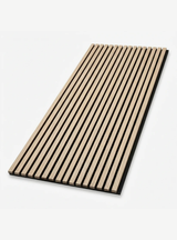 Light oak acoustic wood slat wall panel with evenly spaced slats on black backing