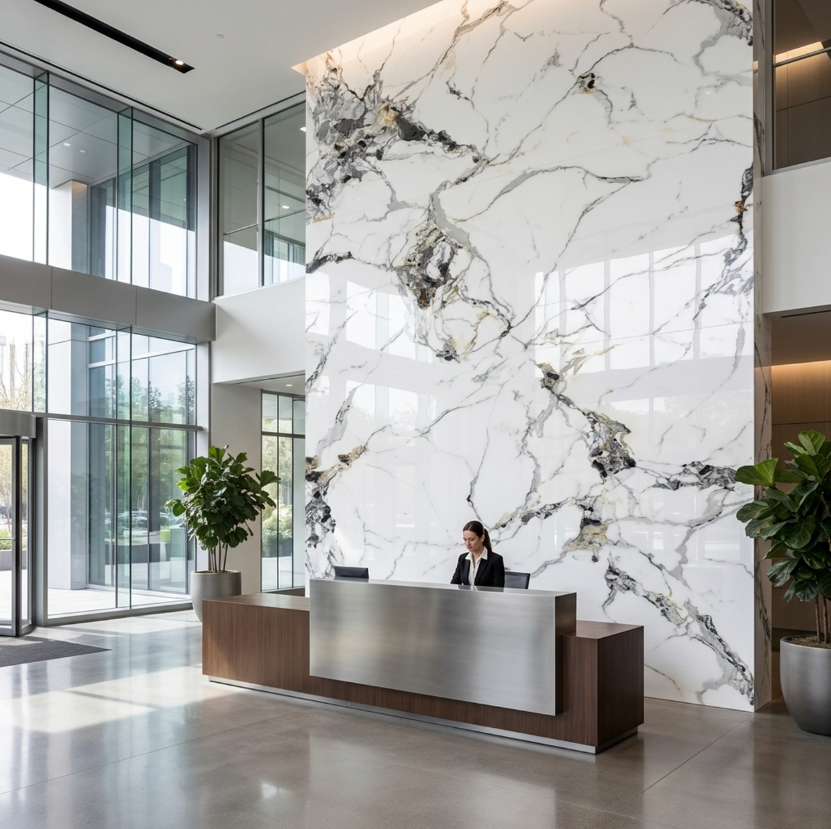 Glossy Glacier Vein marble-look PVC wall panels installed floor to ceiling behind a modern reception desk