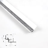 White aluminum inside corner trim in angled close-up with technical profile diagram