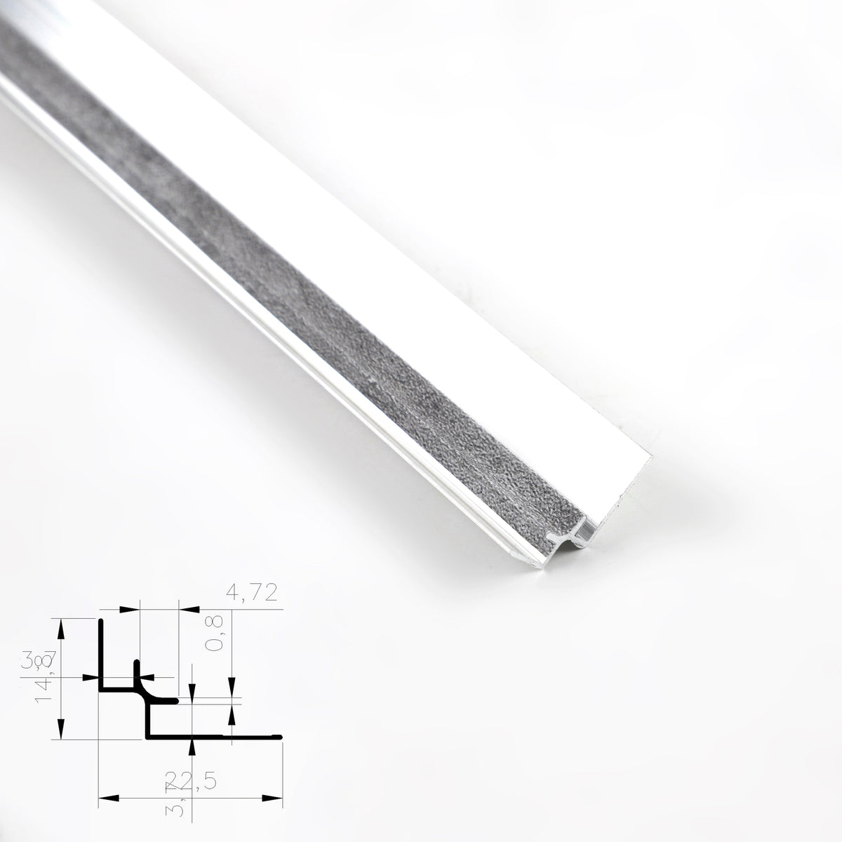 White aluminum inside corner trim in angled close-up with technical profile diagram