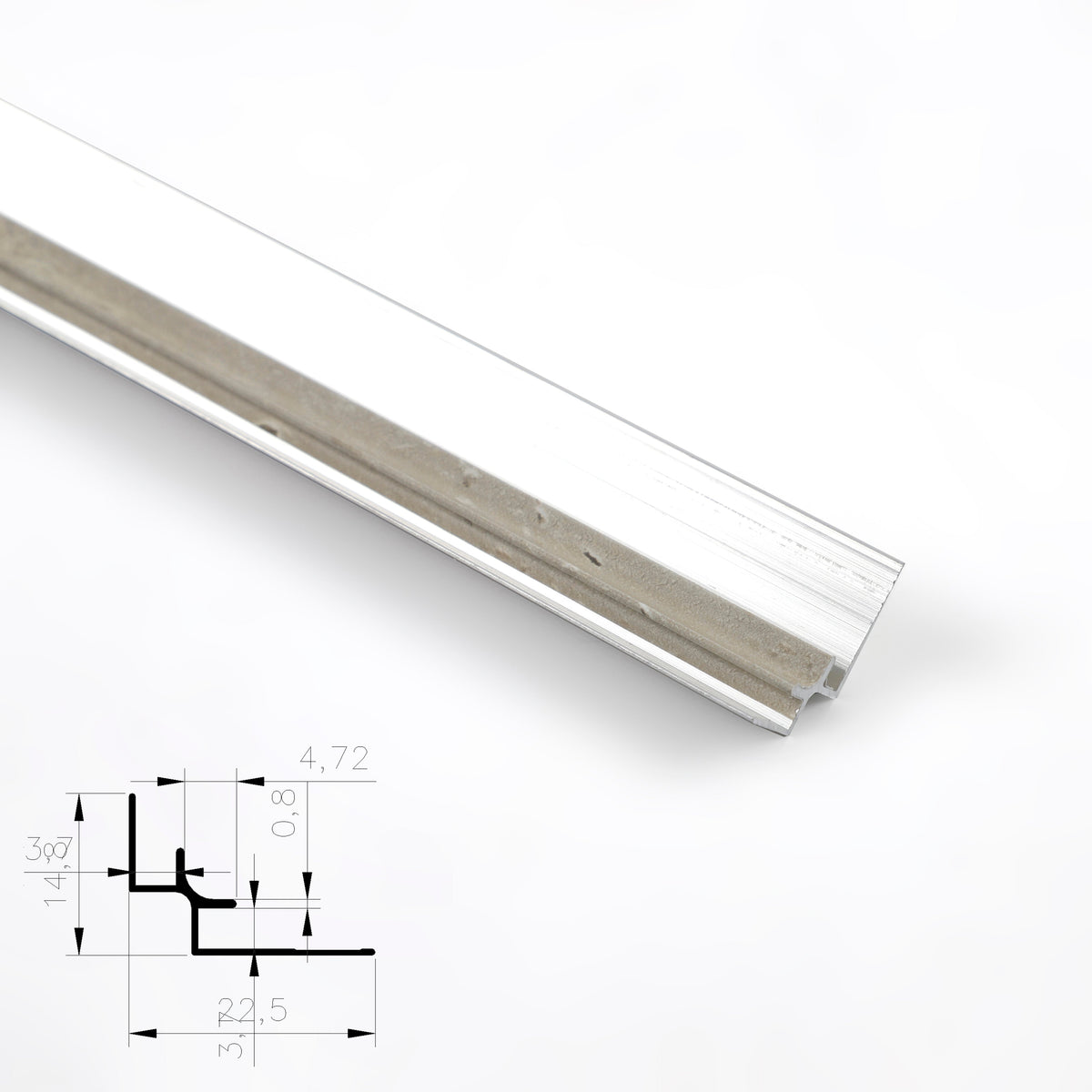 Silver aluminum inside corner trim in angled close-up with technical profile diagram