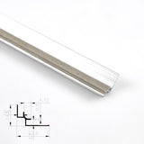 Silver aluminum inside corner trim in angled close-up with technical profile diagram