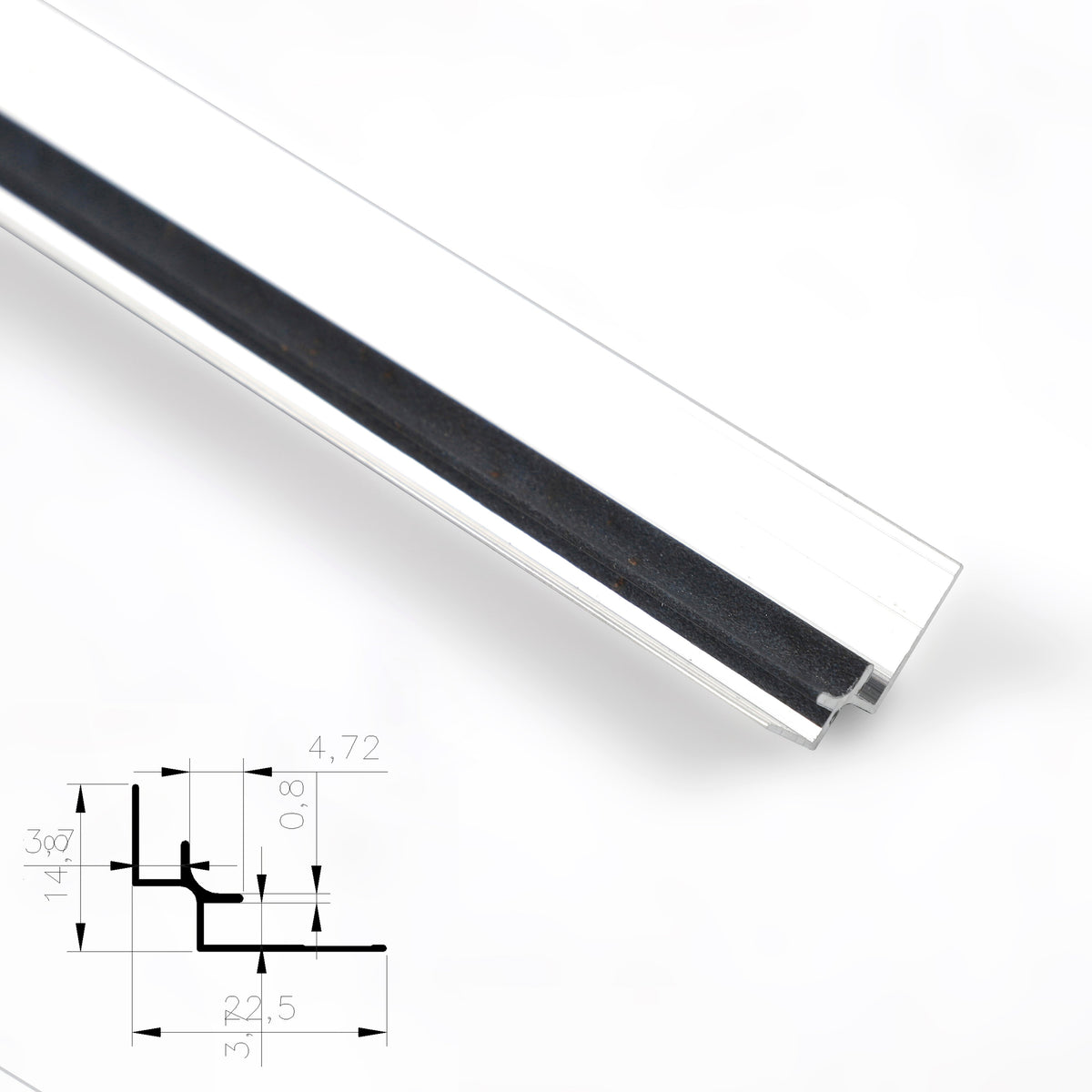 Black aluminum inside corner trim in angled close-up with technical profile diagram