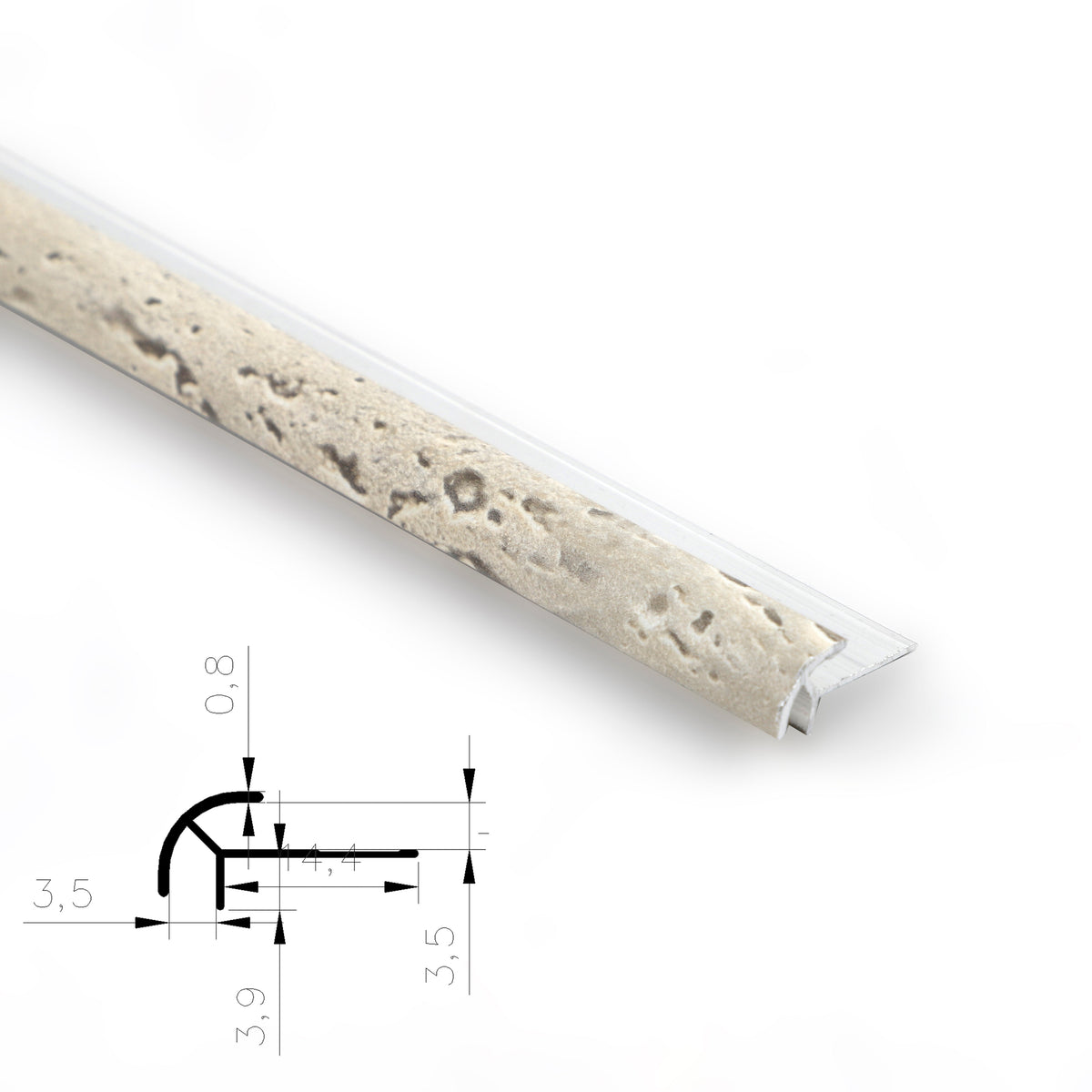 Beige stone-look aluminum outside corner trim with rounded profile and technical diagram