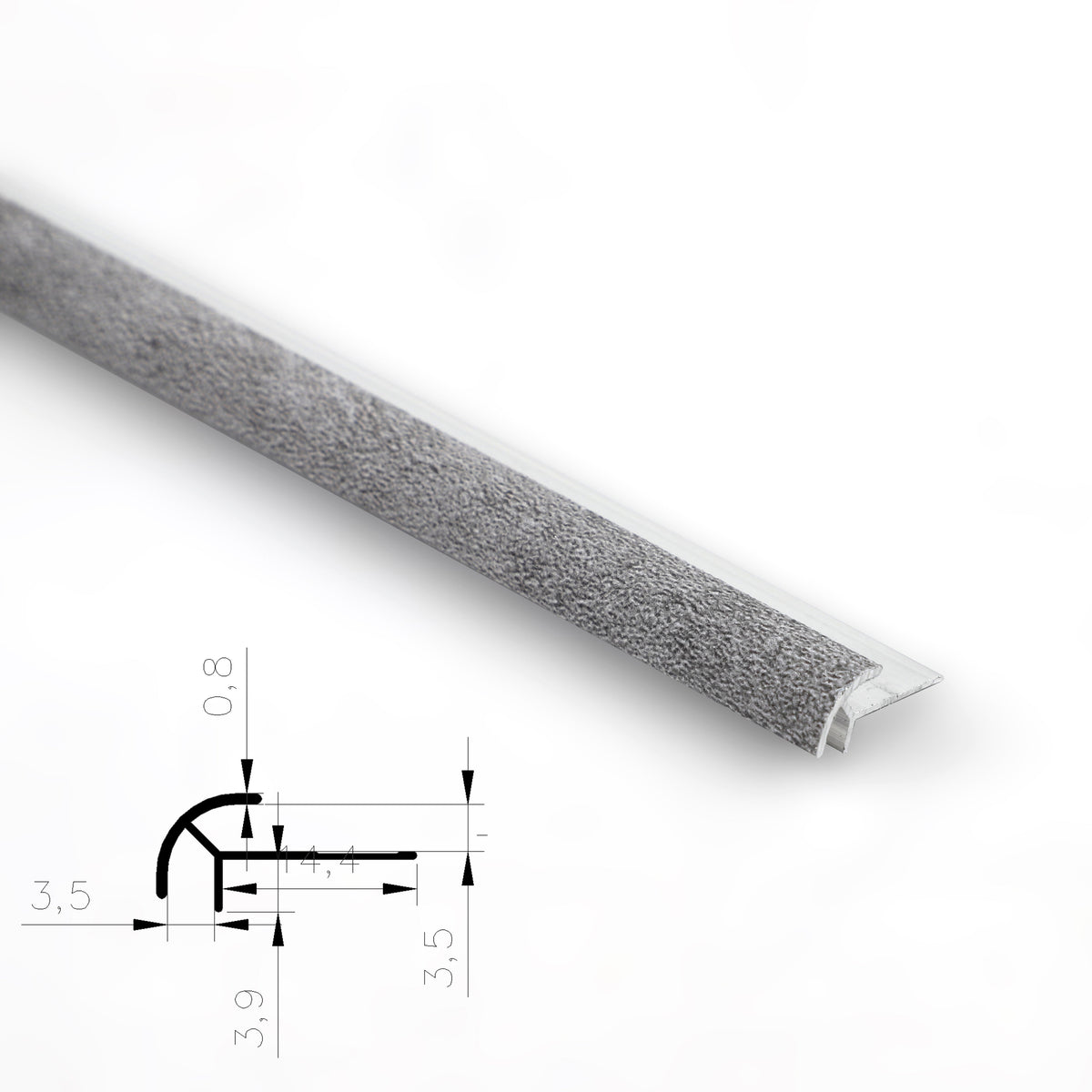 Gray textured aluminum outside corner trim with rounded profile and technical diagram