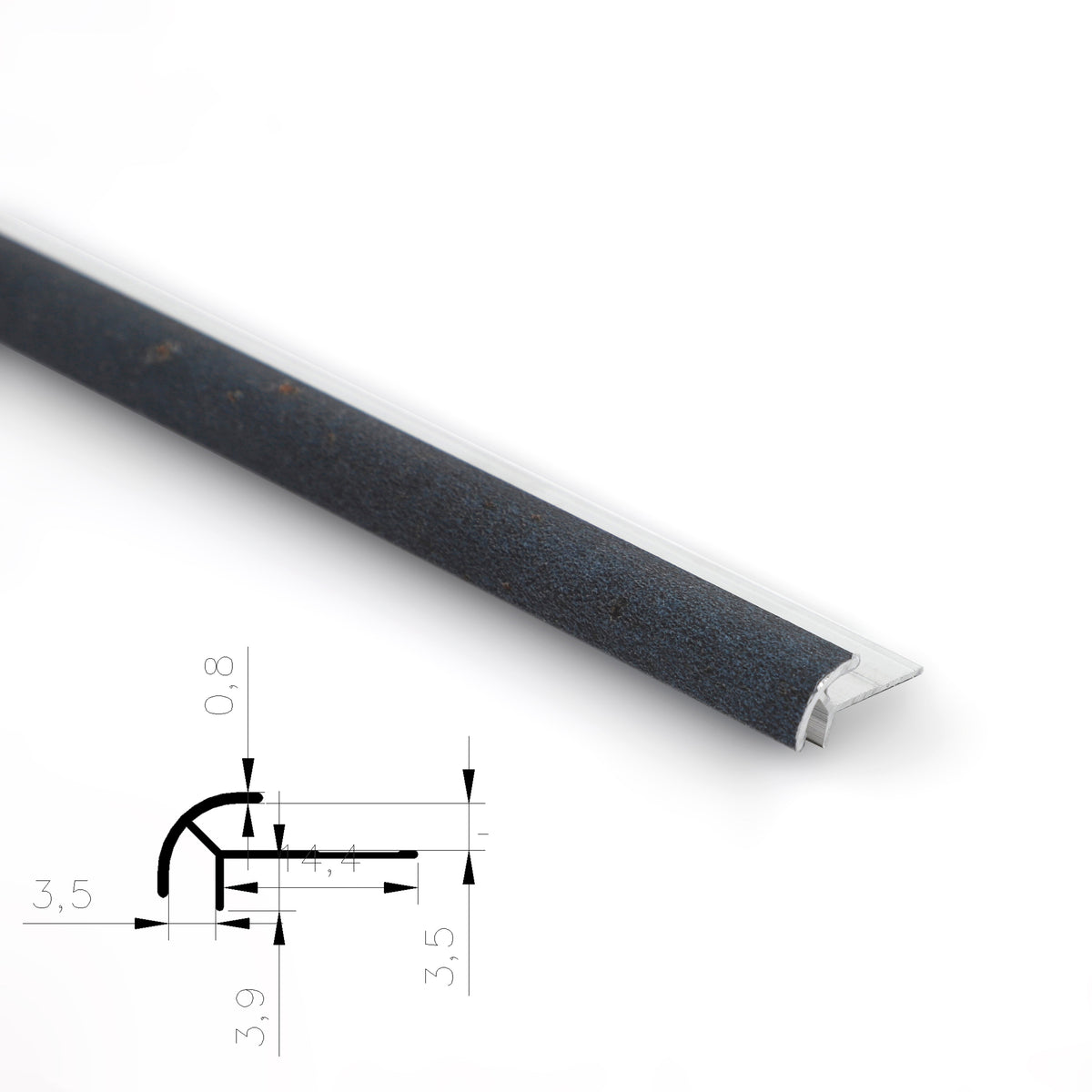 Dark speckled aluminum outside corner trim with rounded profile and dimension diagram