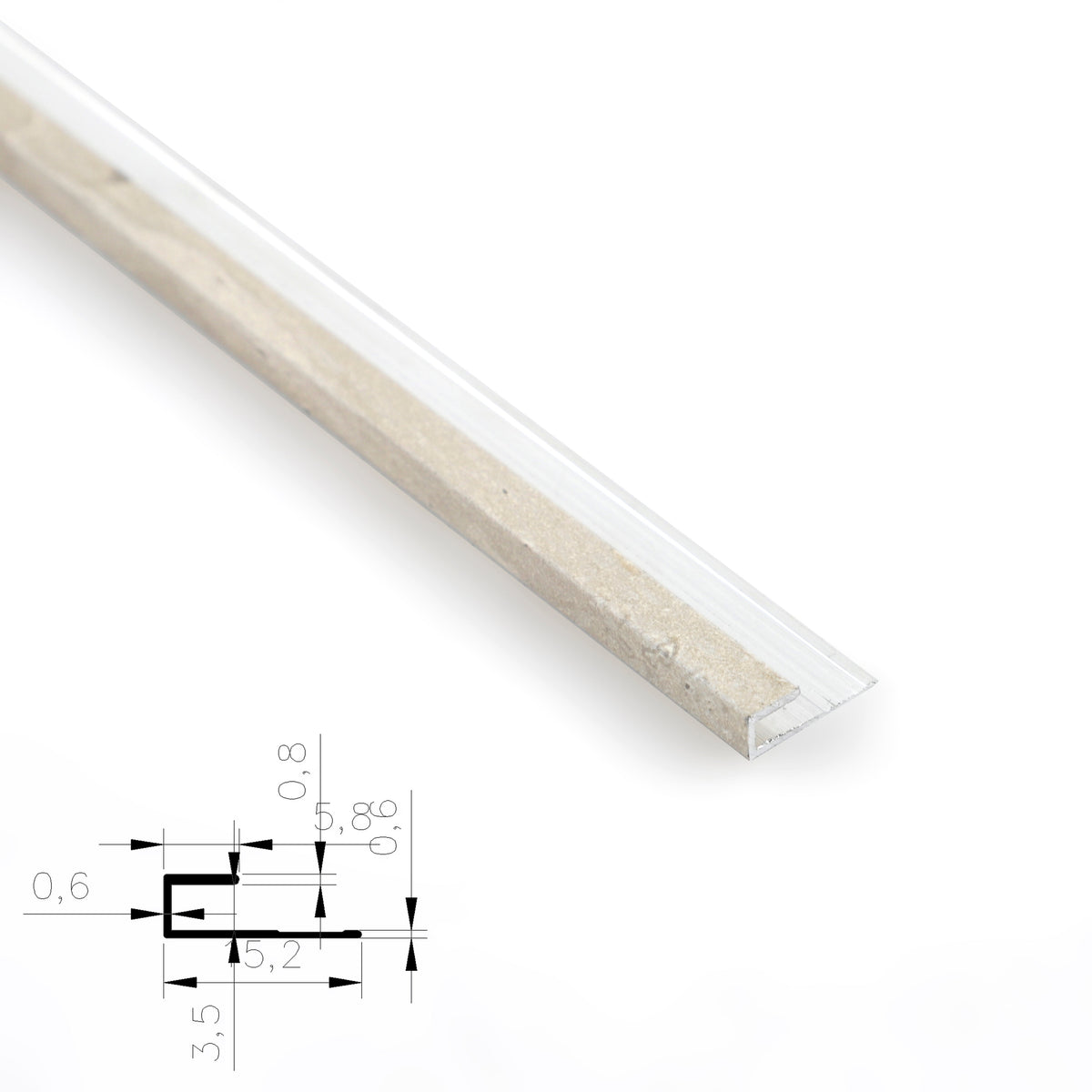 Silver 3mm aluminum end cap trim fitted to a beige panel sample with cross-section diagram
