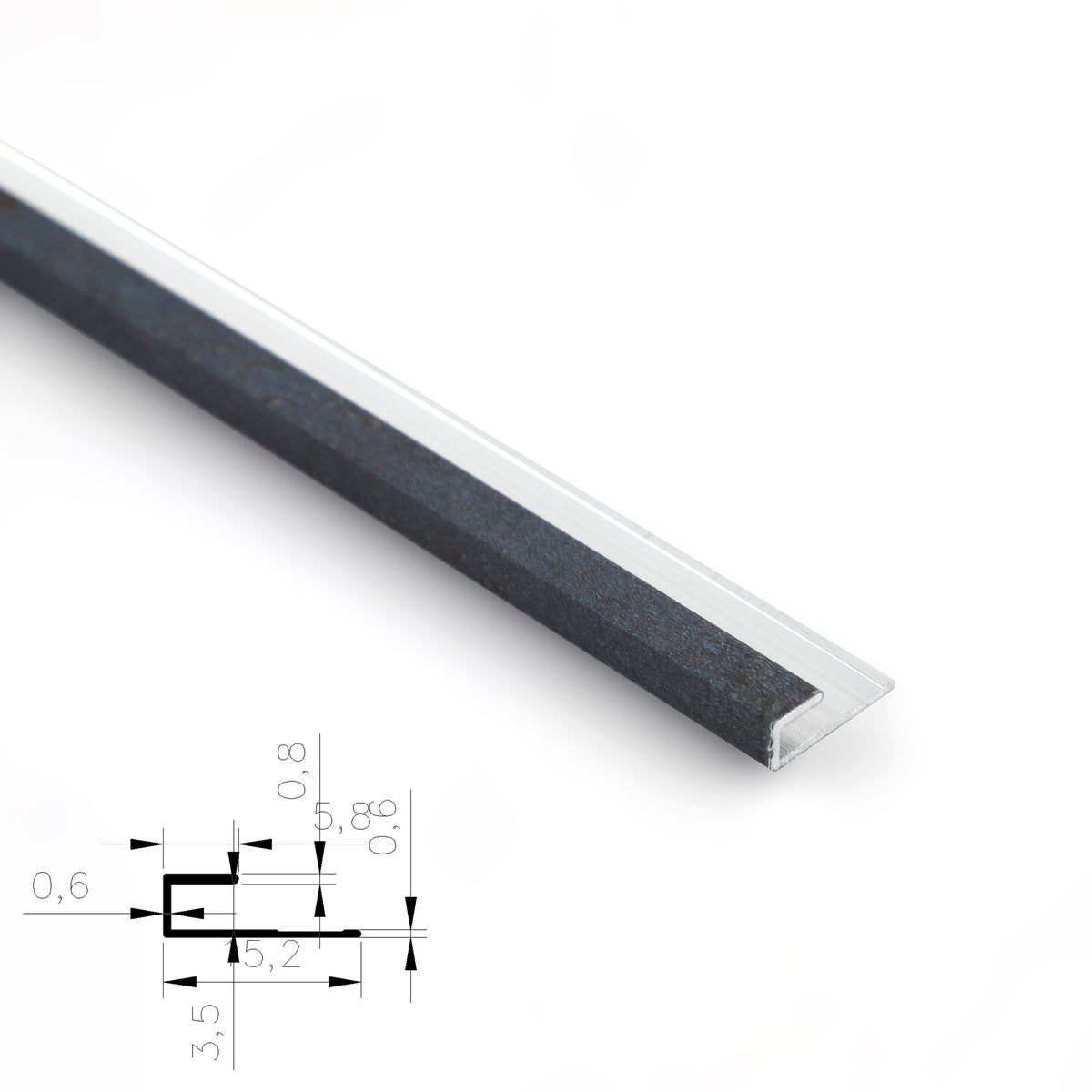 Silver 3mm aluminum end cap trim fitted to a black panel sample with cross-section diagram