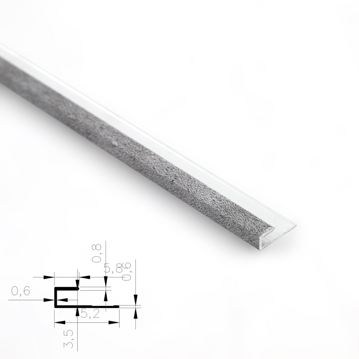 Silver 3mm aluminum end cap trim fitted to a textured gray panel sample with cross-section diagram