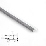 Silver 3mm aluminum end cap trim fitted to a textured gray panel sample with cross-section diagram