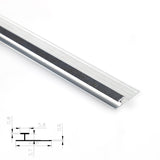Silver aluminum H-joint connection trim with black center strip and profile diagram
