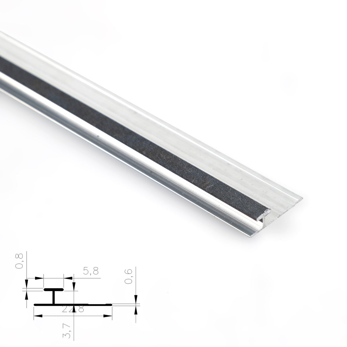 Silver aluminum H-joint connection trim with black center strip and profile diagram