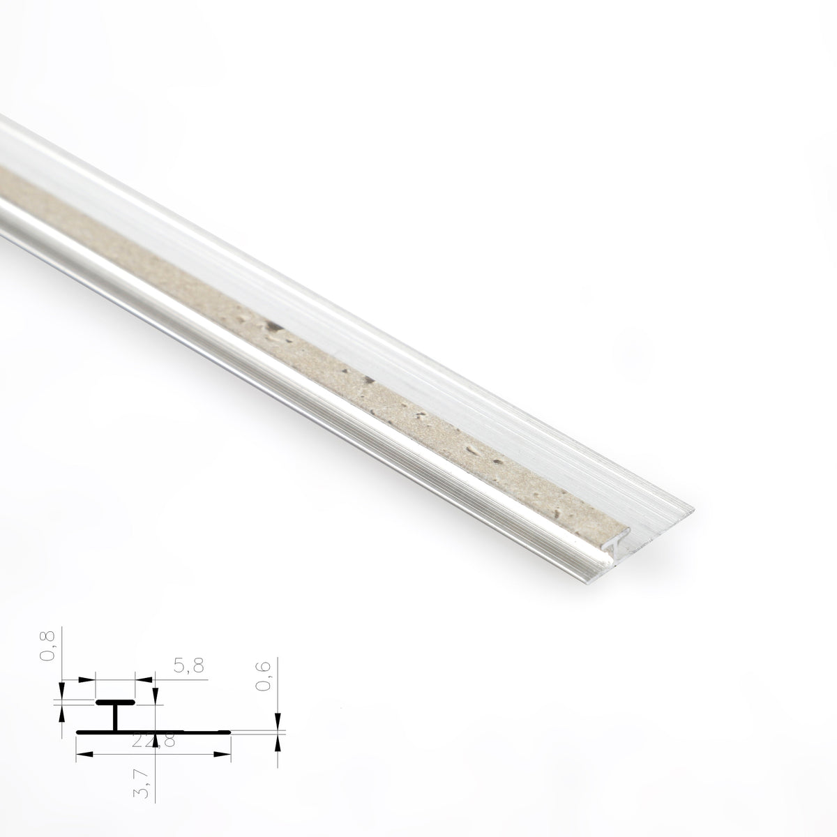 Silver aluminum H-joint connection trim with beige textured center strip and profile diagram