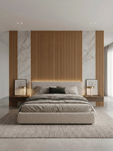 Modern bedroom accent wall with maple slate fluted WPC panels