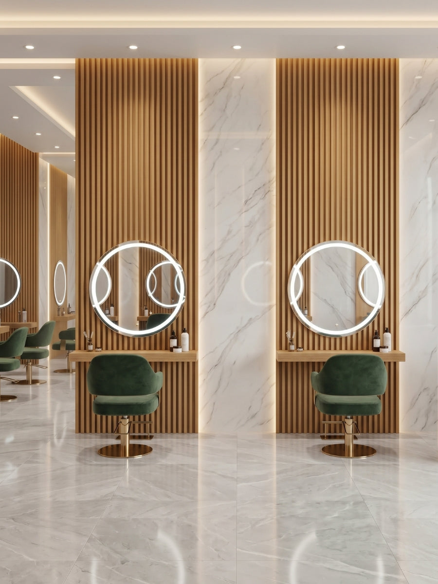 Salon interior wall with maple slate fluted 3D wall panels