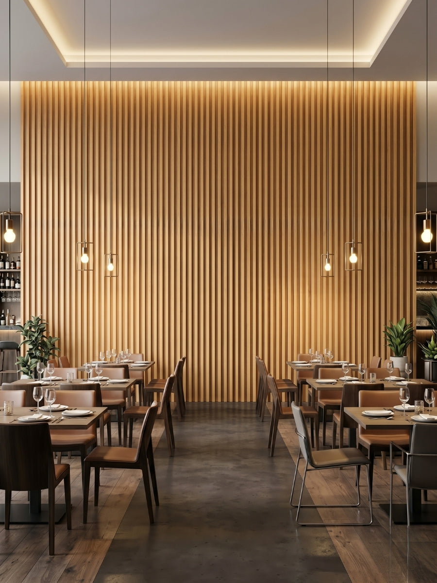 Restaurant wall design using maple slate WPC fluted panels