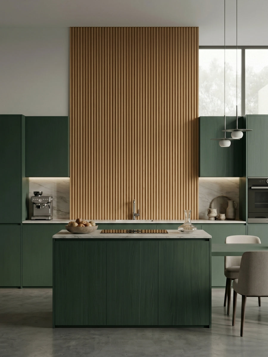 Contemporary kitchen wall design with maple slate WPC panels