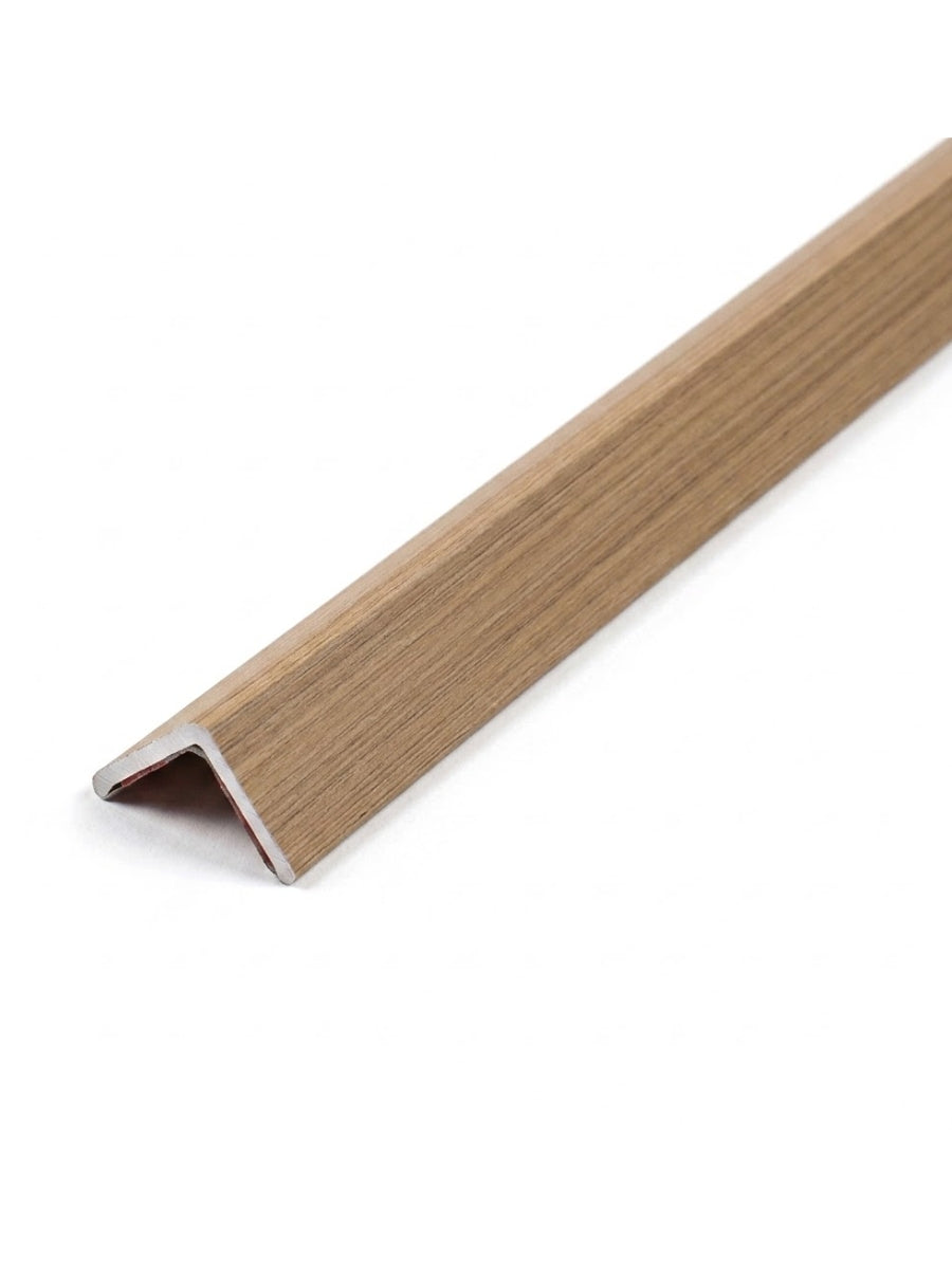 Warm tan wood-look corner trim for acoustic and fluted wall panels