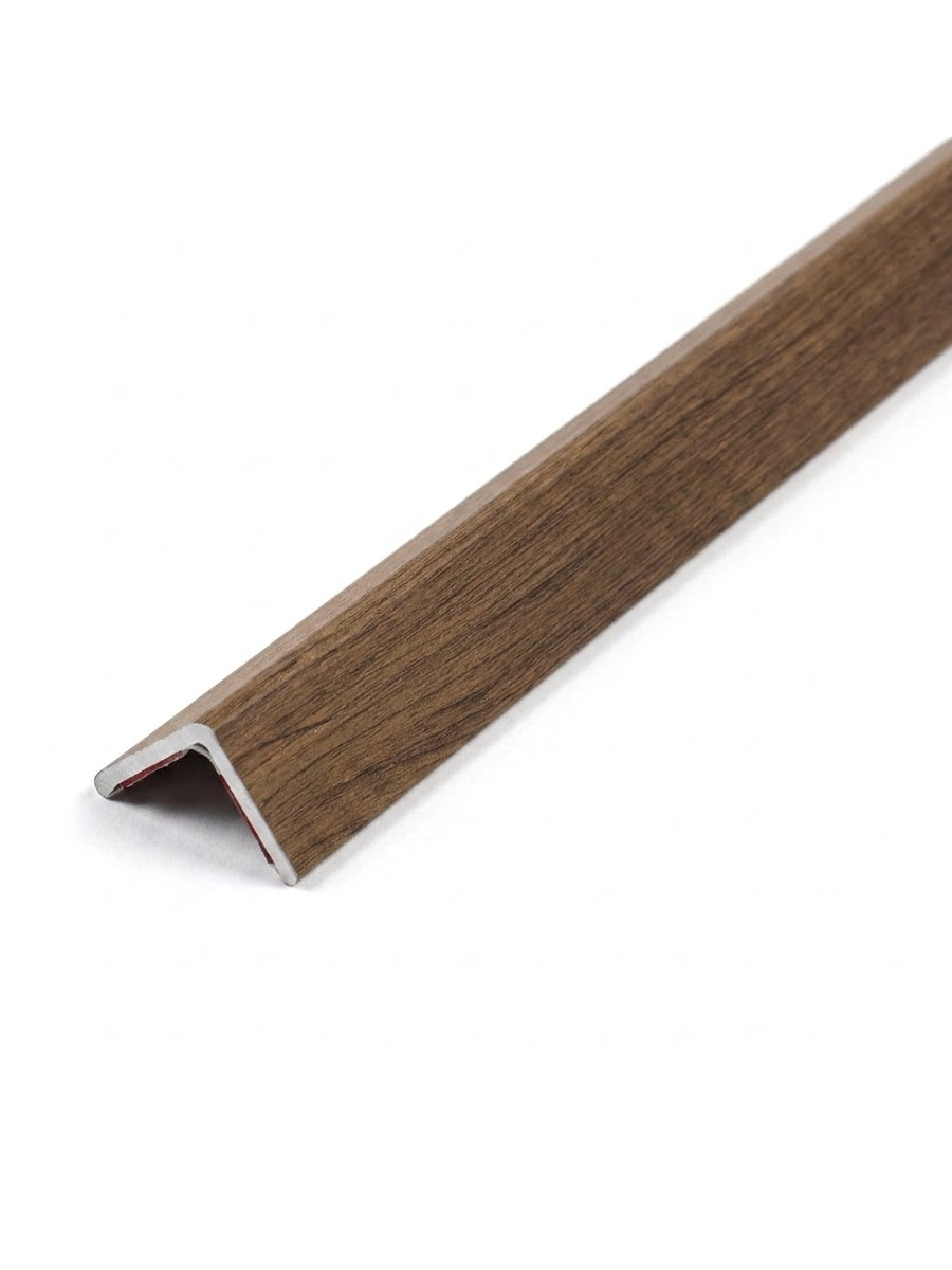 Medium brown woodgrain corner trim for acoustic and fluted wall panels
