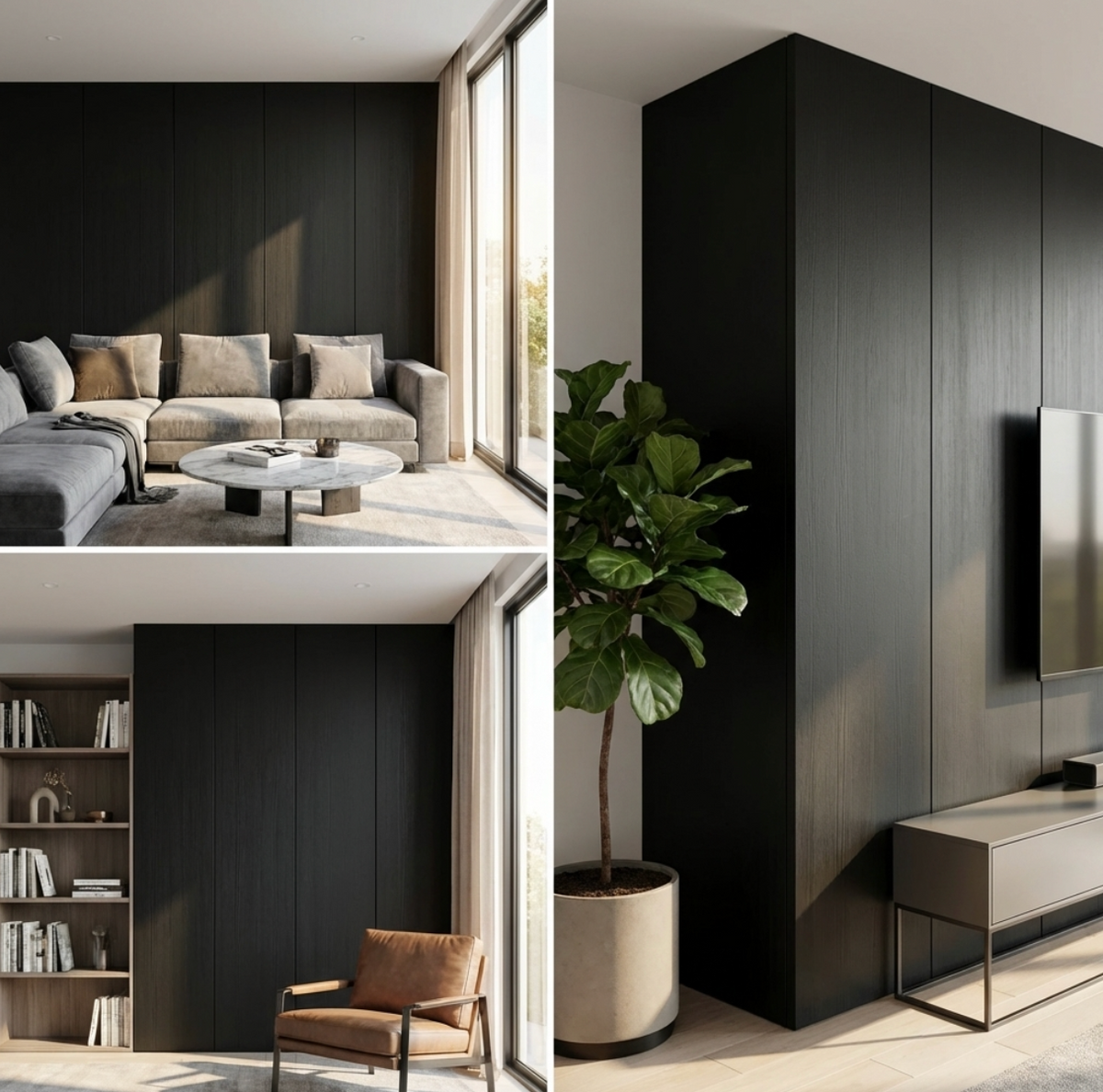 Modern interior design with black wall panels 