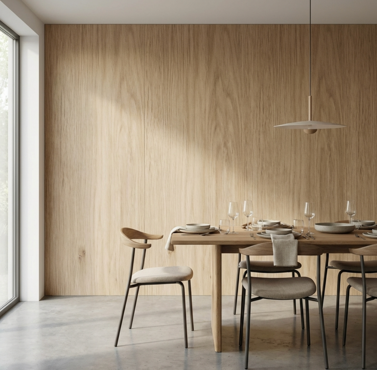 Modern interior with wood veneer  walls panels seamless connection 