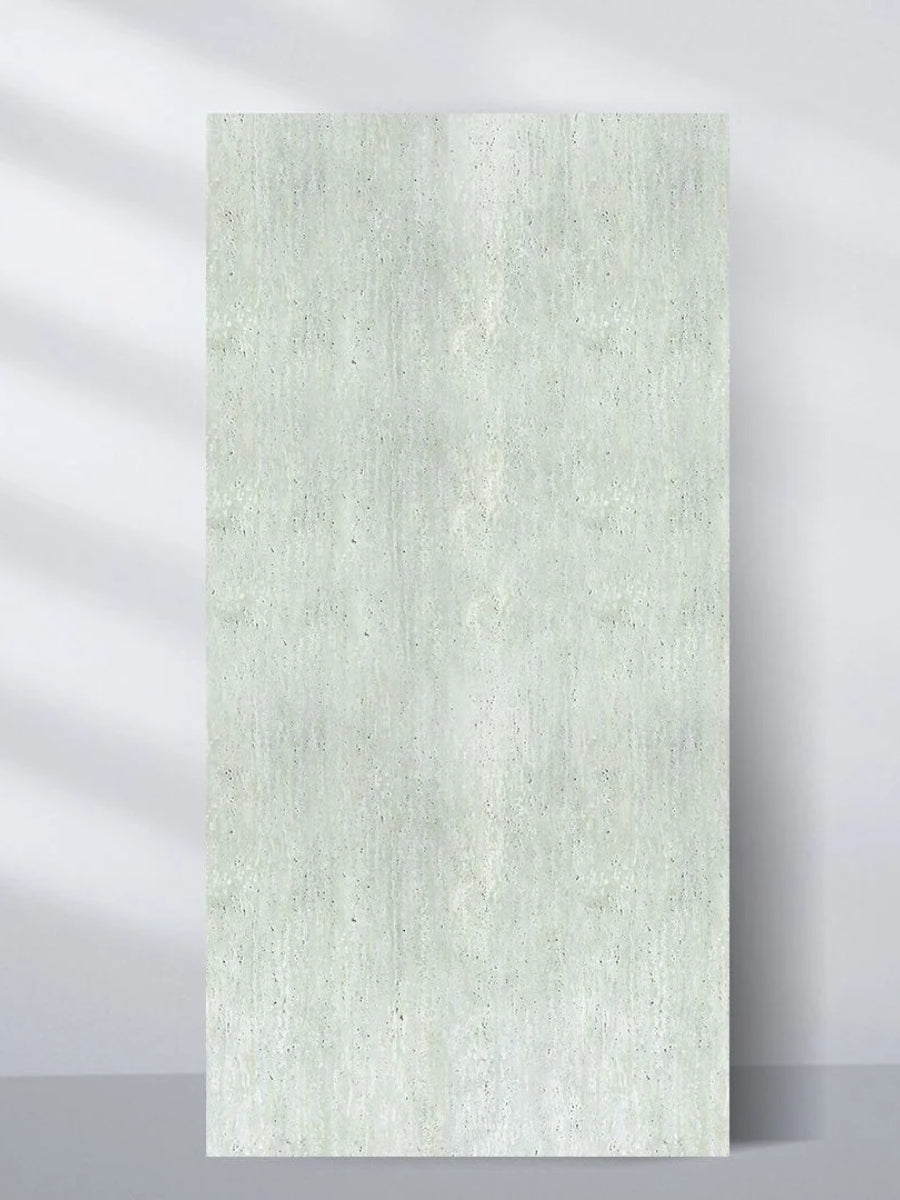 Pale green travertine-look waterproof PVC sheet with a rough vertical stone texture