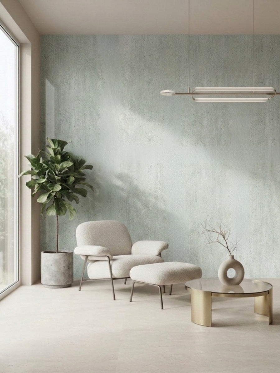 Pale green rough-texture PVC panels installed on a modern living room wall