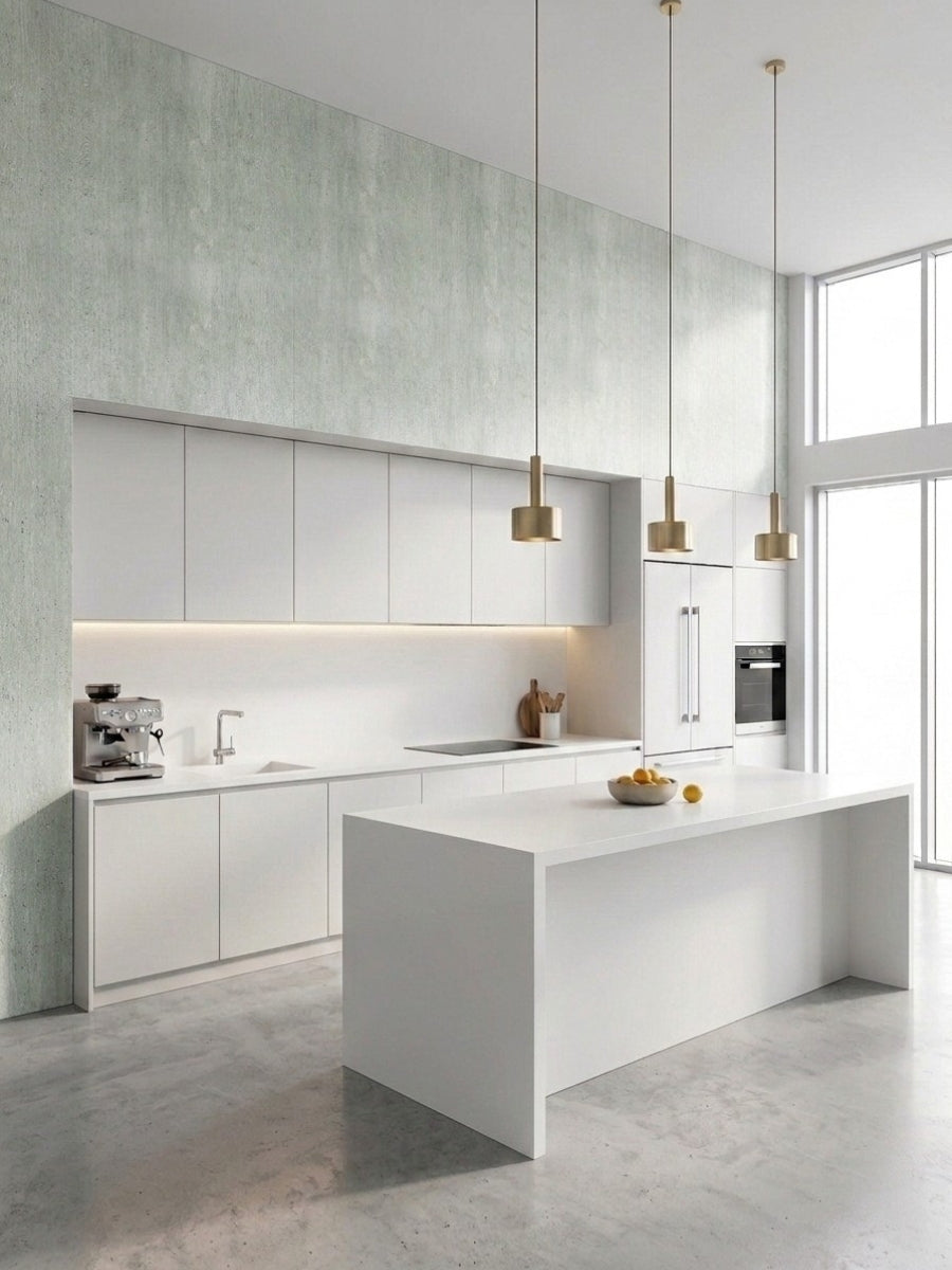 Pale green textured PVC wall panels surrounding a minimalist white kitchen