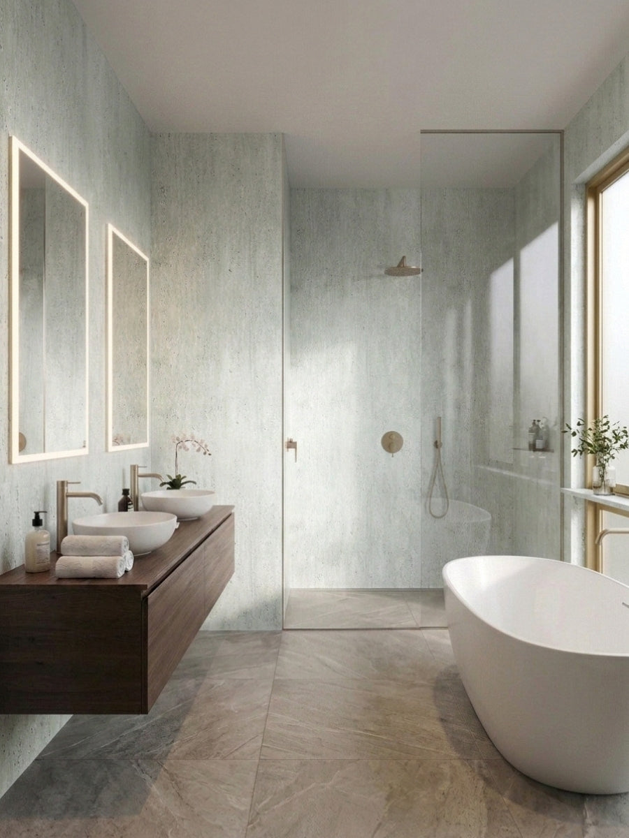 Waterproof pale green travertine-look PVC panels installed in a modern bathroom