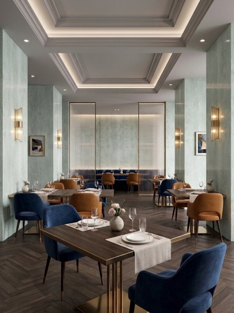 Pale green rough-texture PVC sheets decorating restaurant walls and columns