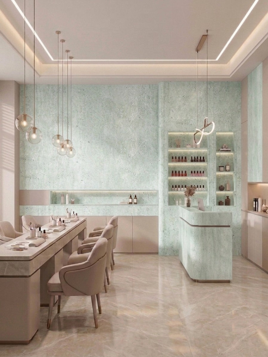 Pale green travertine-look PVC wall panels in a contemporary salon interior