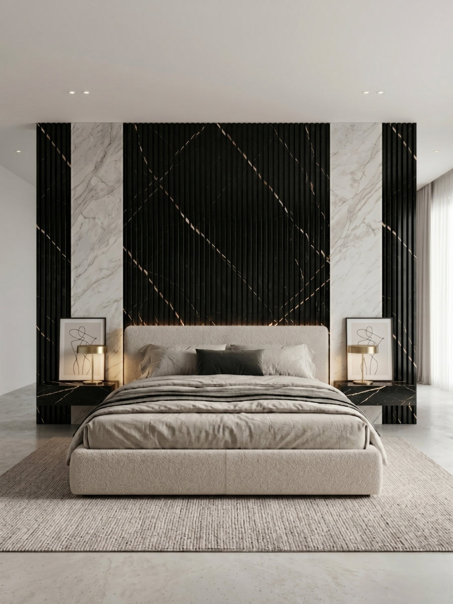 Luxury Bedroom Accent Wall with Noir Royale Fluted Panels