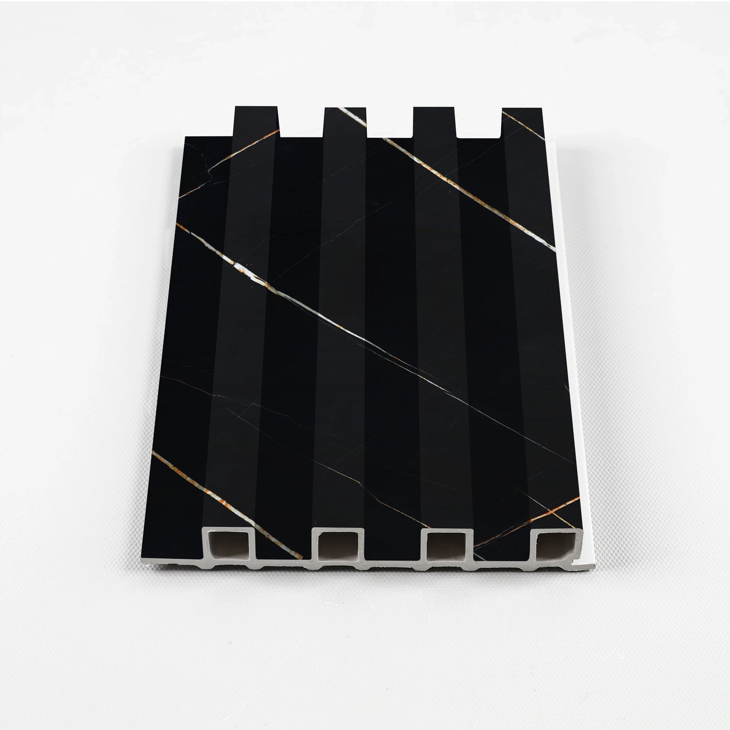 Noir Royale Vertical fluted WPC wall panel sample with wood finish