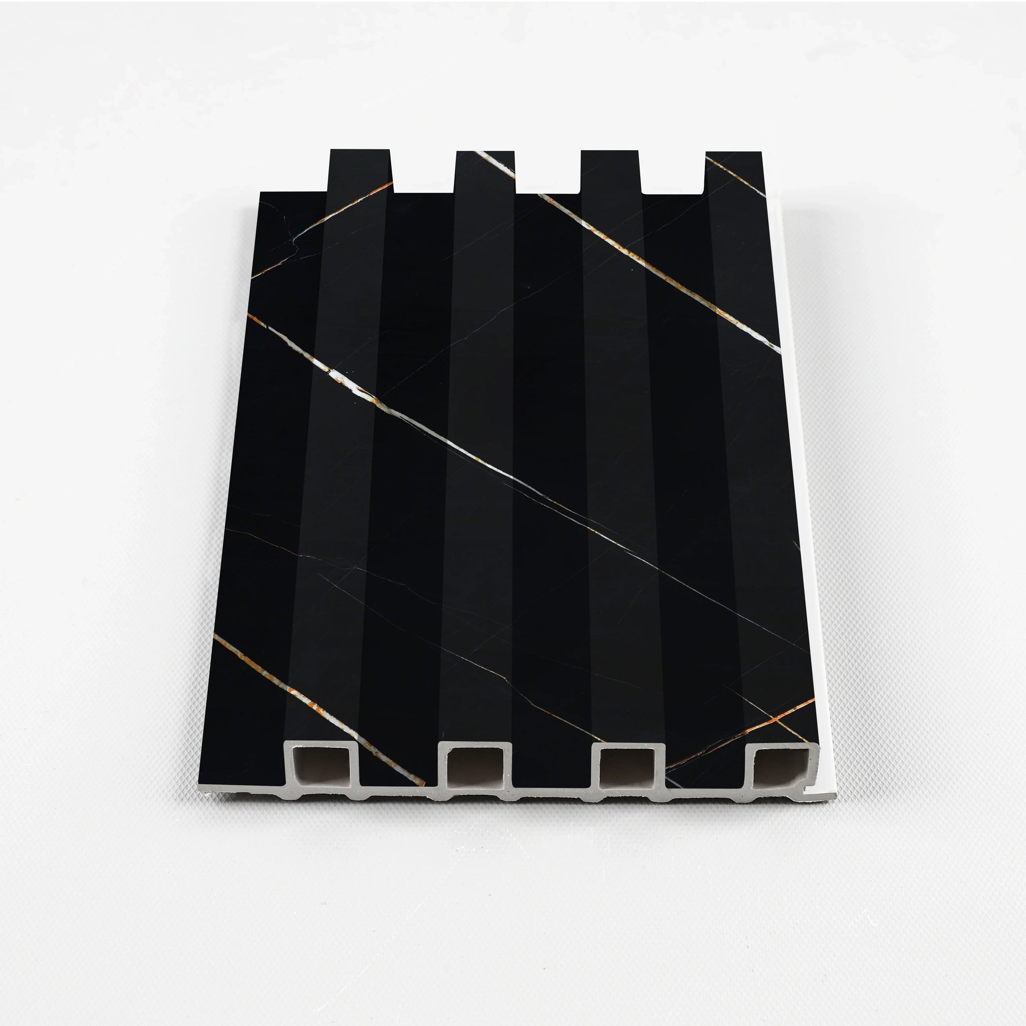 Noir Royale Vertical fluted WPC wall panel sample with wood finish