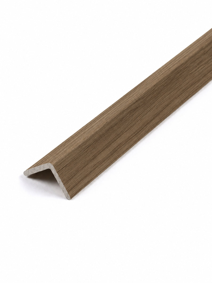 Brown wood-look corner trim for acoustic and fluted wall panels