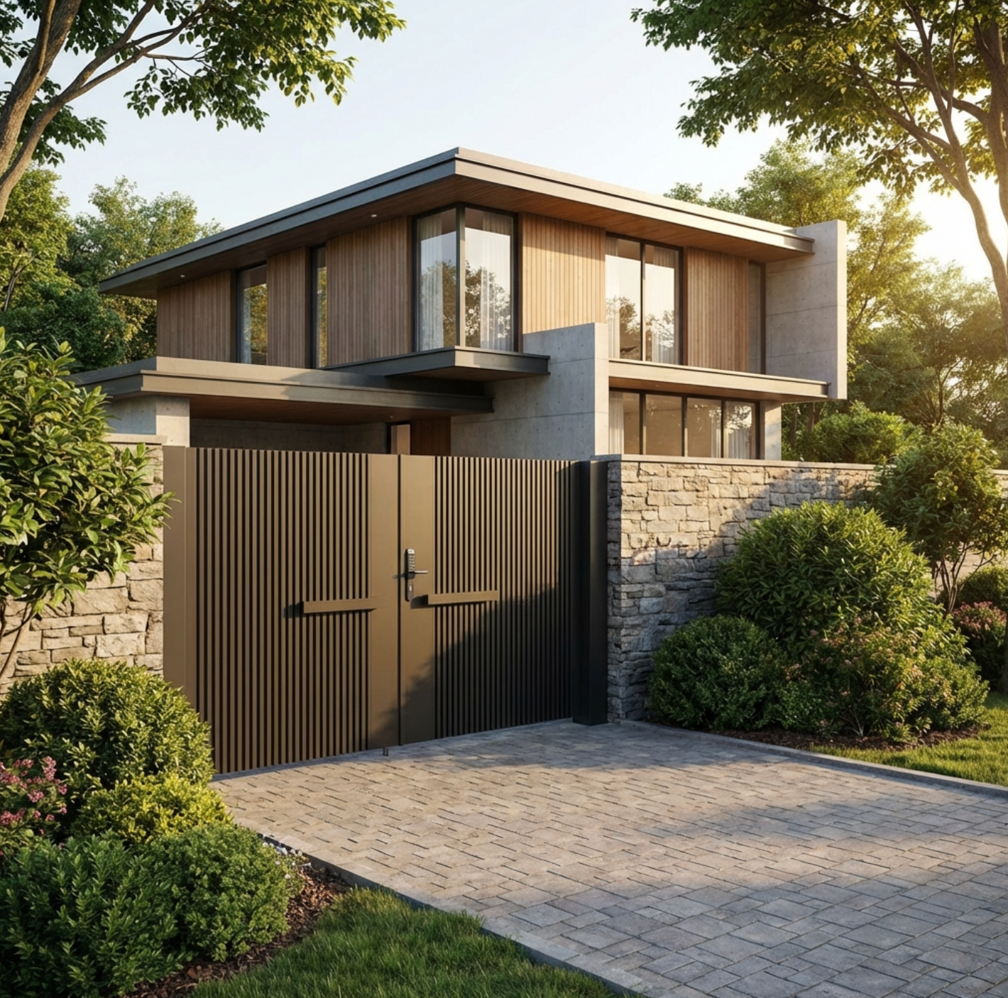 Modern house with a driveway and luxury double gate