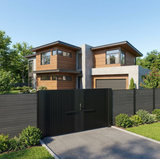 Modern house with wooden facade and black gate in a suburban setting with double gate