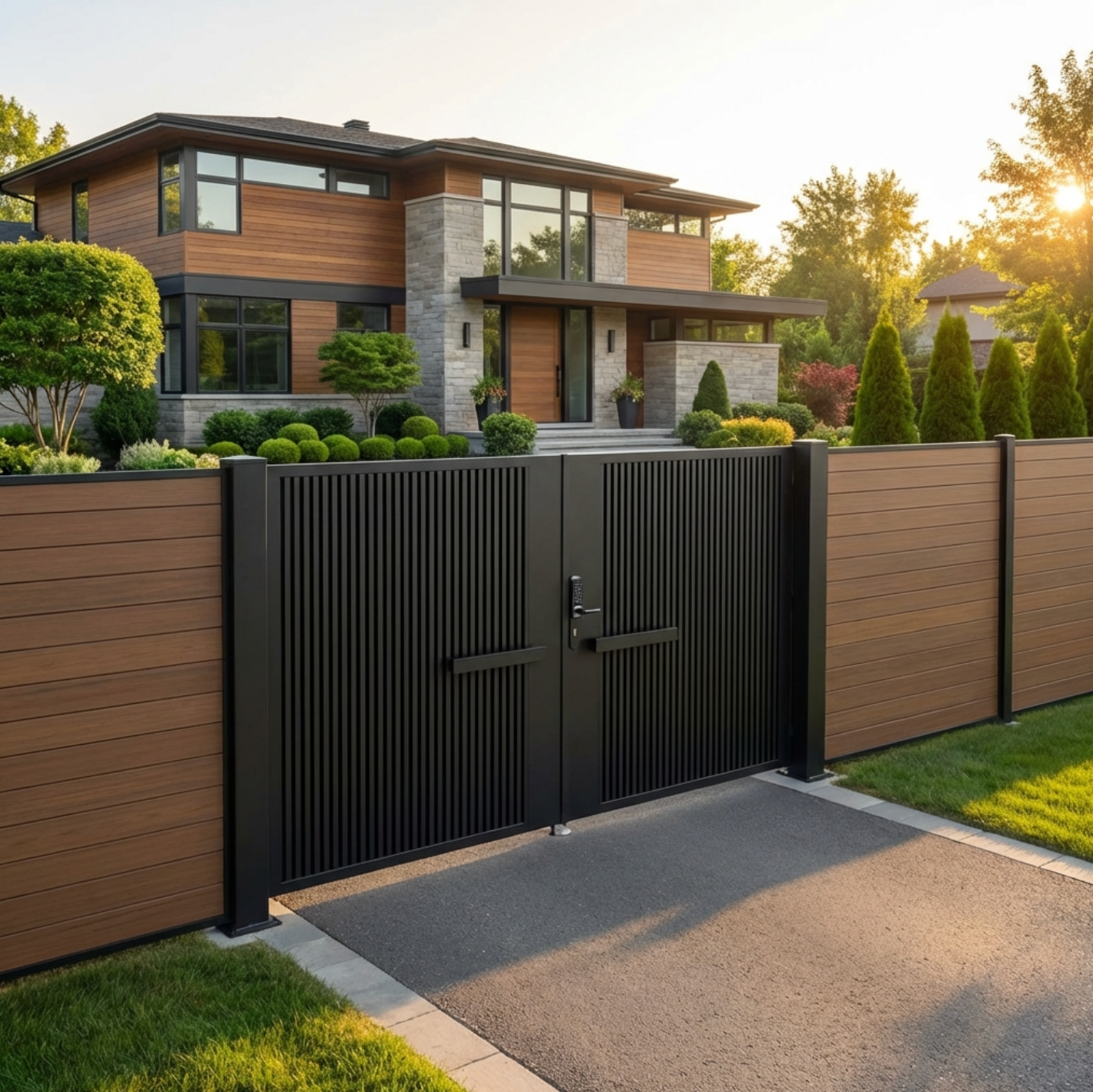 Modern house with a wooden fence and black gate during sunset.