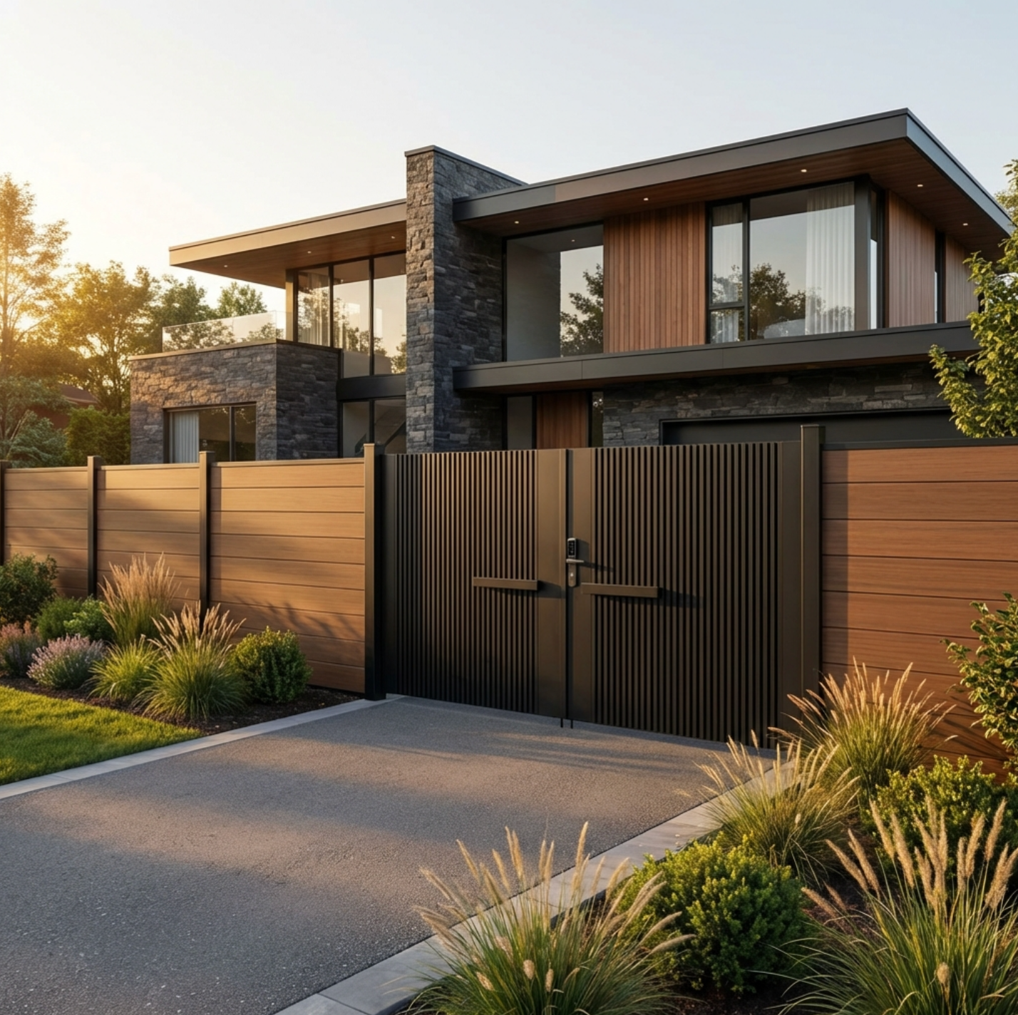 Modern house with a driveway and wooden gate