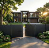 Modern house with a driveway and black gate in a suburban setting