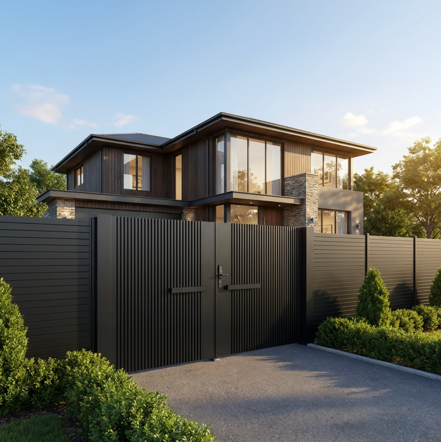 Modern house with a black fence and driveway, surrounded by trees and greenery.
