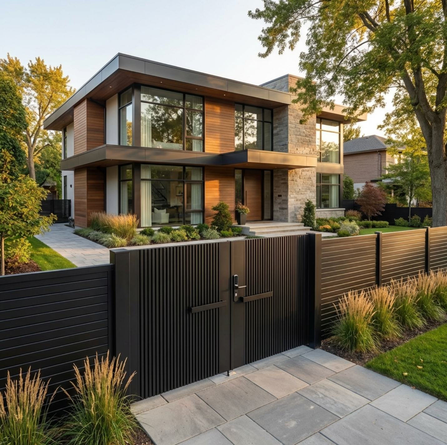 Modern house with a black metal gate and well-maintained garden