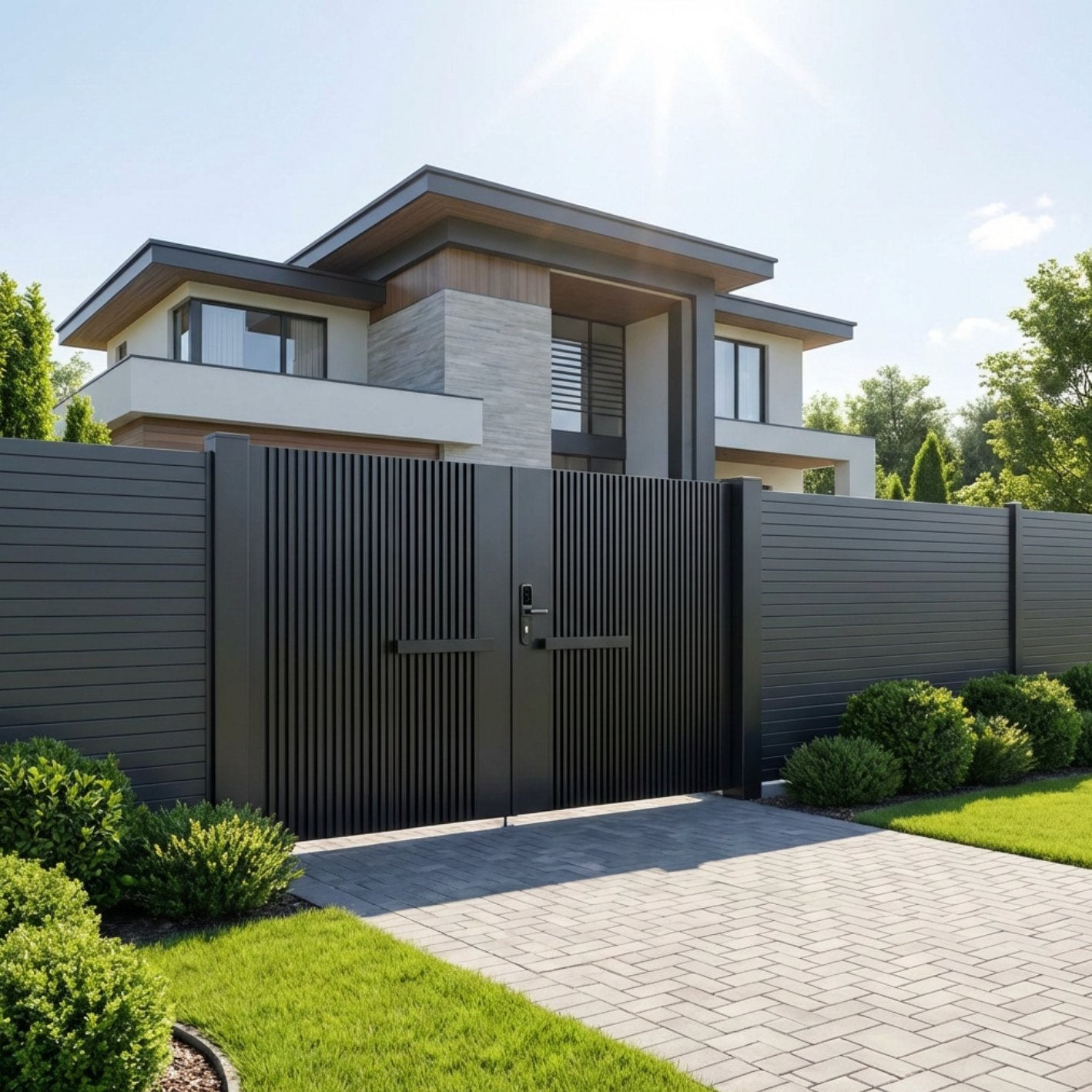 Modern house with a black gate and well-maintained garden