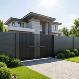 Modern house with a black gate and well-maintained garden