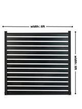 Black aluminum semi privacy fence panel with horizontal slats and 6 ft by 6 ft dimensions