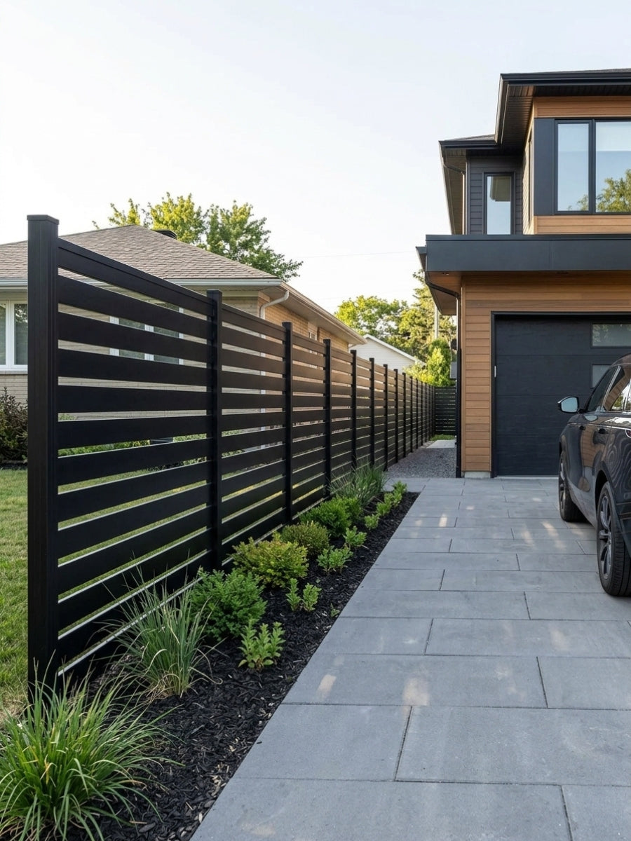 Black horizontal-slat aluminum semi privacy fence installed beside a paved driveway