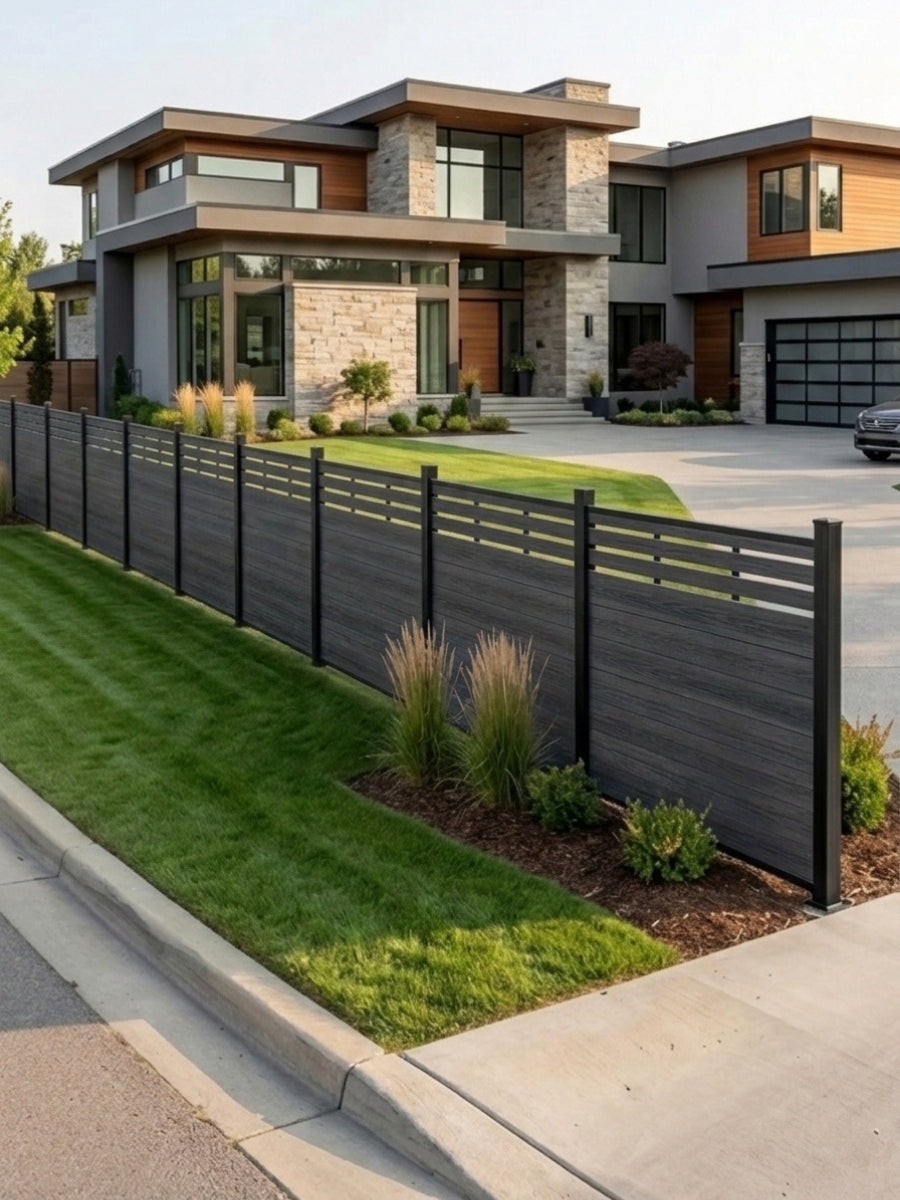 Black composite privacy fence with lattice top installed along the landscaped front yard of a modern home