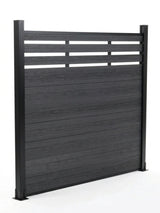 Angled view of black composite privacy fence panel with horizontal lattice top and two posts