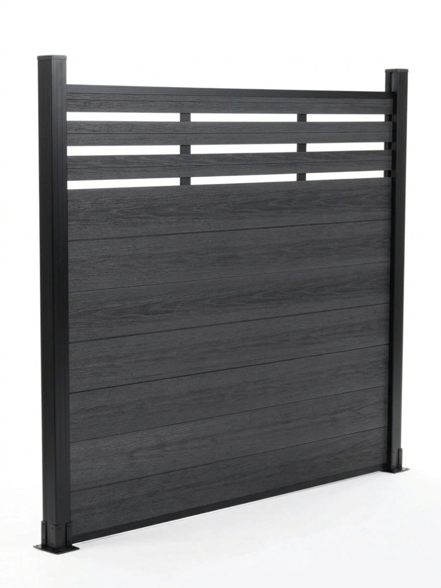 Angled view of black composite privacy fence panel with horizontal lattice top and two posts