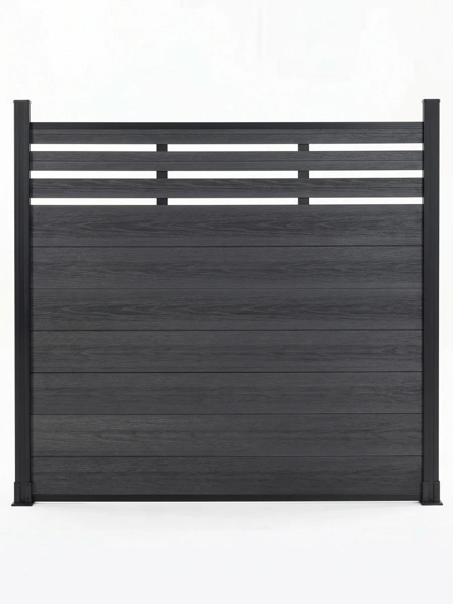 Front view of black composite privacy fence panel with solid lower boards and slatted lattice top